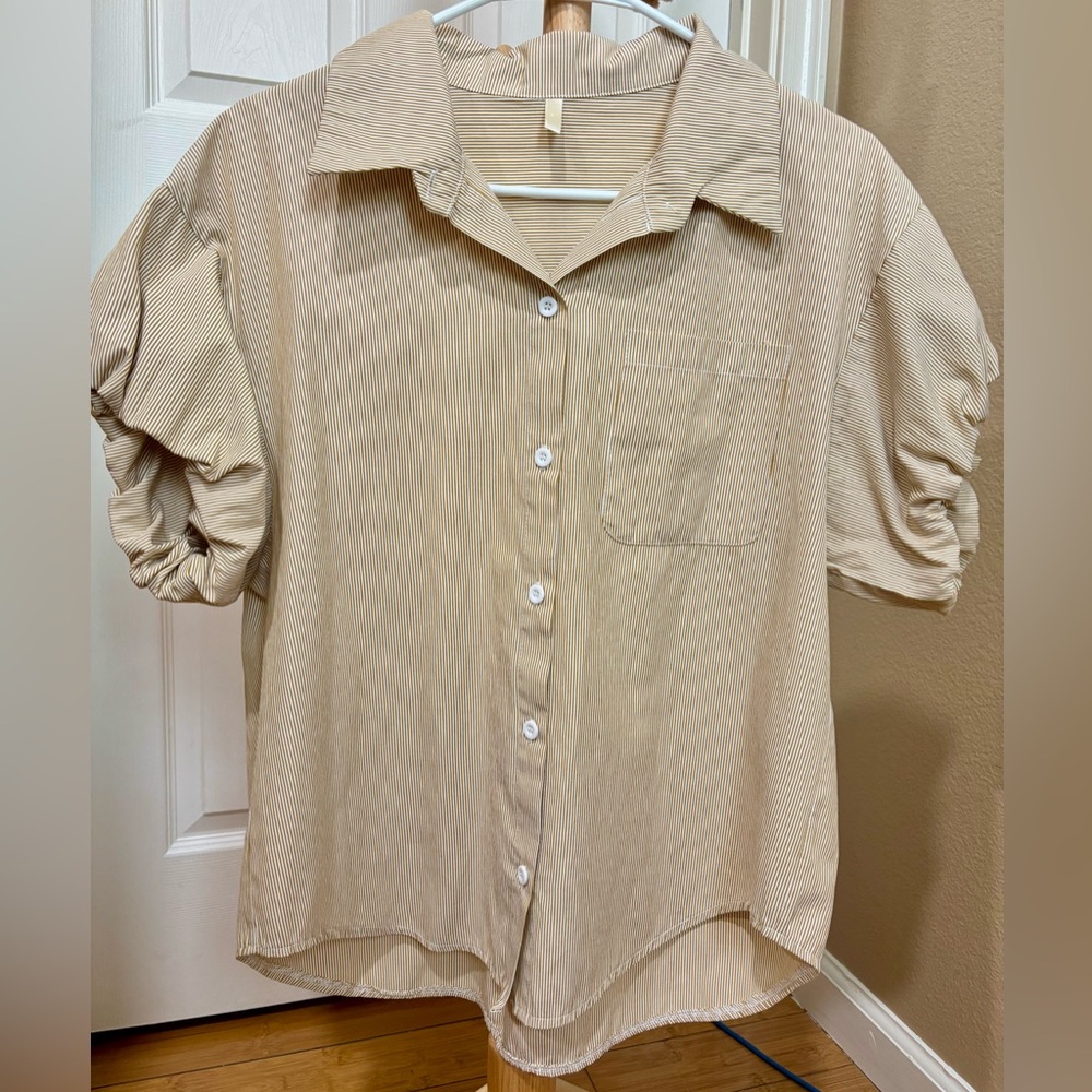 Beige Striped Button Down Short Sleeve Shirt